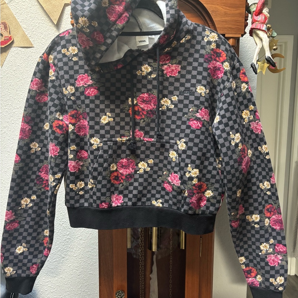 Vans botanical Black & Gray Check pullover Floral crop Hooded Puffer Jacket